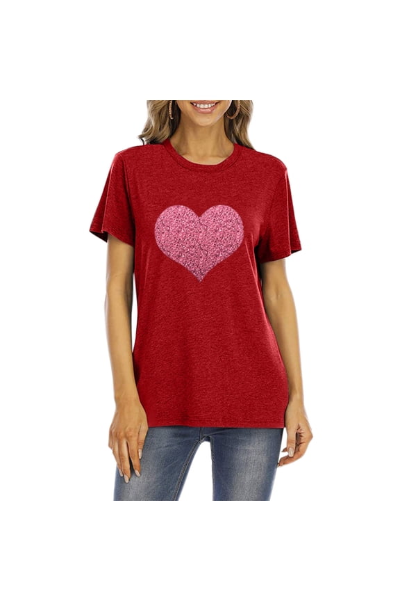 Womens Plus Size Shirts Women T-Shirt Glittery Heart Graphic Valentine’s Day Short Sleeve Tees Tops