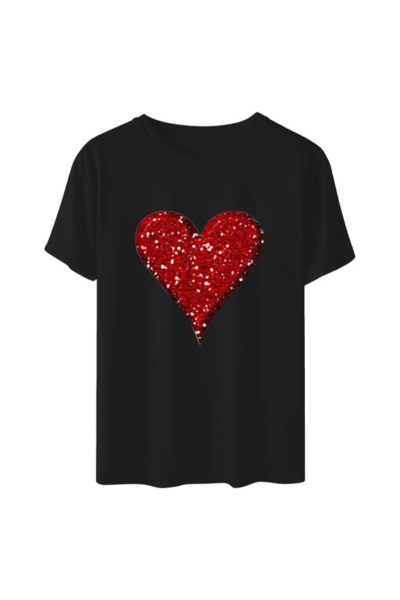 Womens Plus Size Shirts Women T-Shirt Glittery Heart Graphic Valentine’s Day Short Sleeve Tees Tops