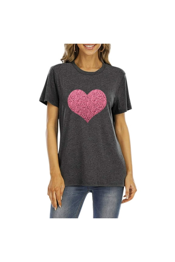 Womens Plus Size Shirts Women T-Shirt Glittery Heart Graphic Valentine’s Day Short Sleeve Tees Tops