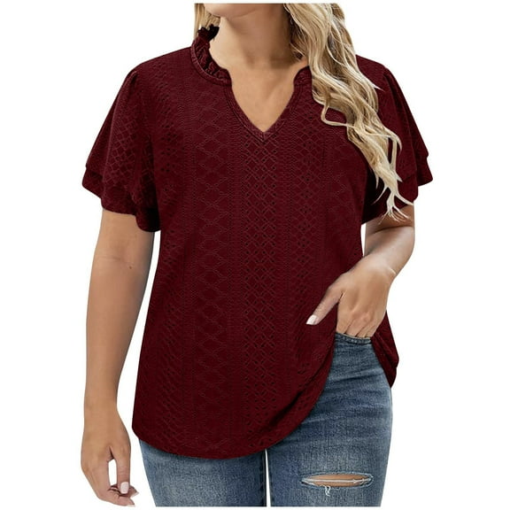 Aofany Womens Plus Size T-Shirts Casual V Neck Puff Short Sleeve Summer Tops Tunic Blouses
