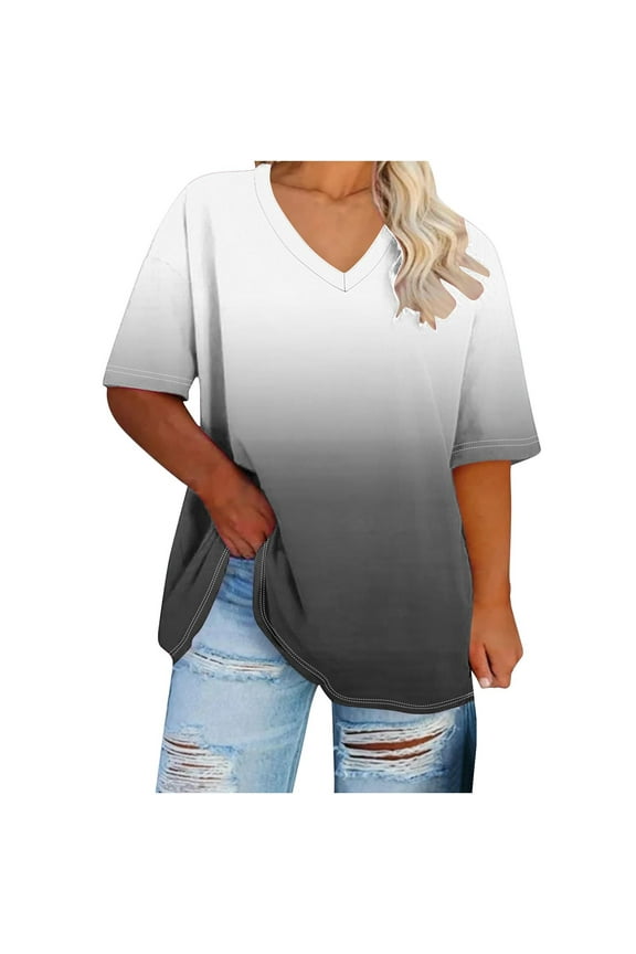 Womens Plus Size T-shirt Women's Fashion Casual Gradient V-neck Short Sleeve Loose Tops