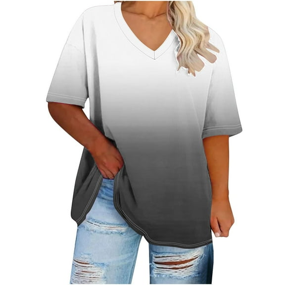 Aofany Womens Plus Size T-shirt Women's Fashion Casual Gradient V-neck Short Sleeve Loose Tops