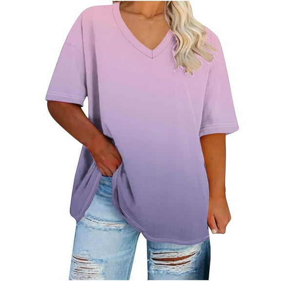 Aofany Womens Plus Size T-shirt Women's Fashion Casual Gradient V-neck Short Sleeve Loose Tops