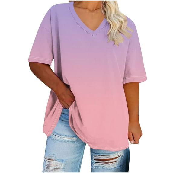 Aofany Womens Plus Size T-shirt Women's Fashion Casual Gradient V-neck Short Sleeve Loose Tops