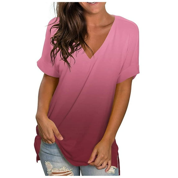 Aofany Womens Plus Size Tops Womens Plus Size Gradient Color V-Neck Short Sleeve T-shirt Tops Blouse