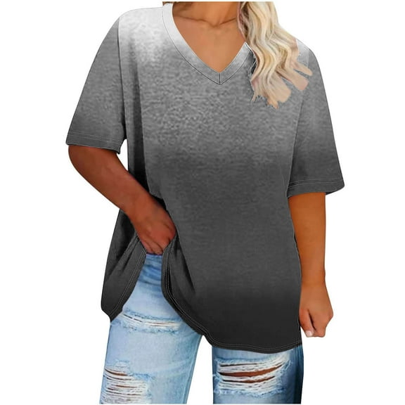 Aofany Womens Plus Size Tops Short Sleeve V-Neck Loose Fit Blouses Summer Fashion Gradient Print Casual Shirts