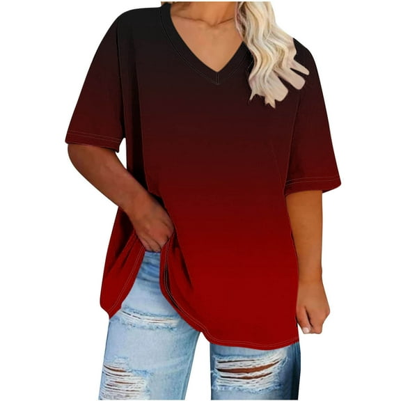 Aofany Womens Plus Size Tops Short Sleeve V-Neck Loose Fit Blouses Summer Fashion Gradient Print Casual Shirts