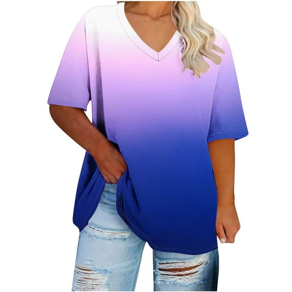 Aofany Womens Plus Size Tops Short Sleeve V-Neck Loose Fit Blouses Summer Fashion Gradient Print Casual Shirts