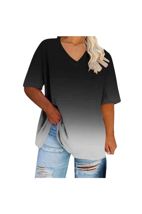 Womens Plus Size Tops Short Sleeve V-Neck Loose Fit Blouses Summer Fashion Gradient Print Casual Shirts