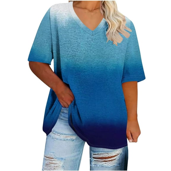 Aofany Womens Plus Size Tops Short Sleeve V-Neck Loose Fit Blouses Summer Fashion Gradient Print Casual Shirts