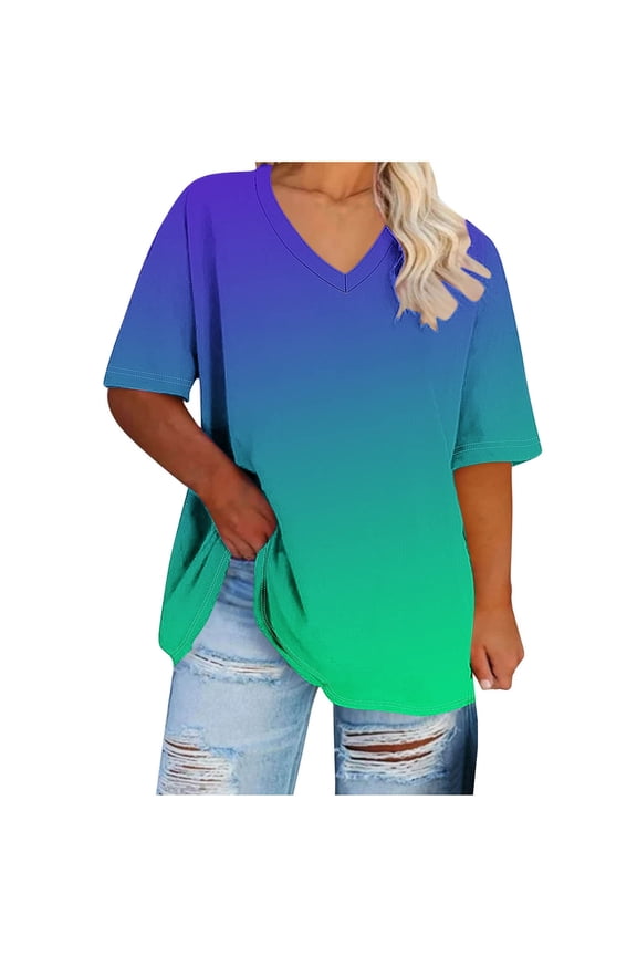 Womens Plus Size Tops Short Sleeve V-Neck Loose Fit Blouses Summer Fashion Gradient Print Casual Shirts