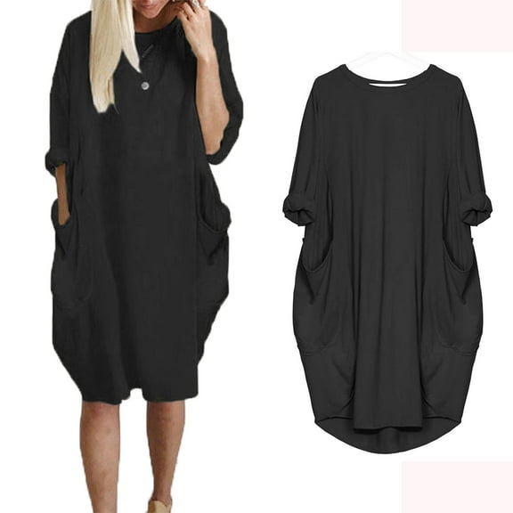 Aofany Womens Pocket Loose Dress Ladies Crew Neck Casual Long Sleeve Dress Plus Size Solid Ruched Dresses