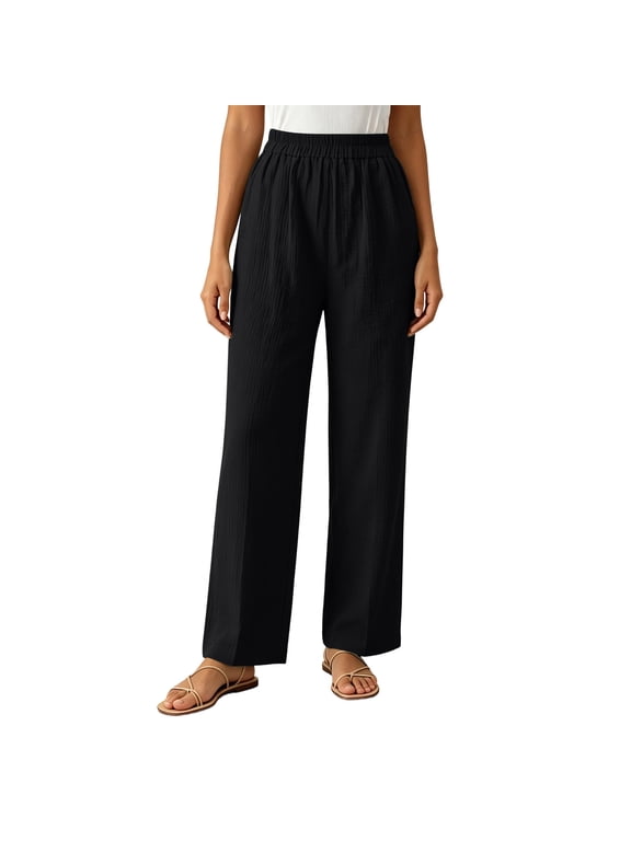 Womens Pull on Pants Elastic Waist Solid Color Slacks Casual Straight-Leg Trouser with Pockets