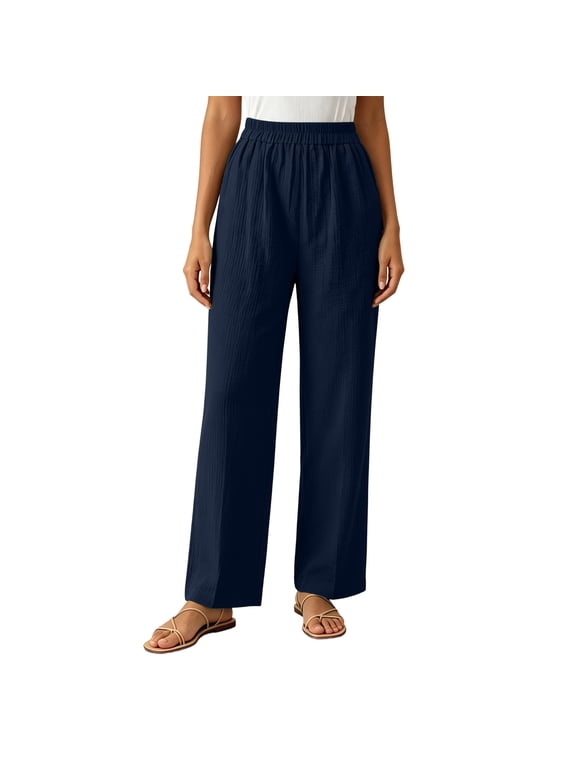 Womens Pull on Pants Elastic Waist Solid Color Slacks Casual Straight-Leg Trouser with Pockets