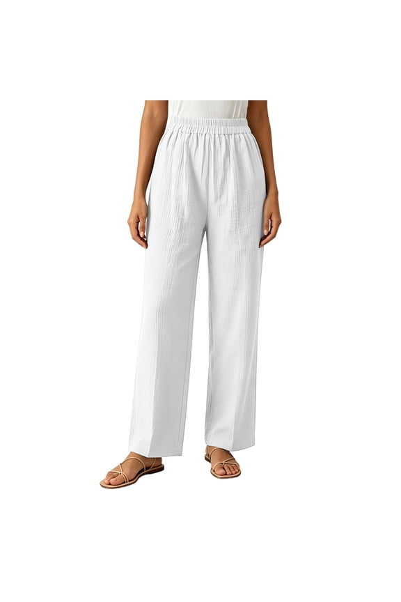 Womens Pull on Pants Elastic Waist Solid Color Slacks Casual Straight-Leg Trouser with Pockets