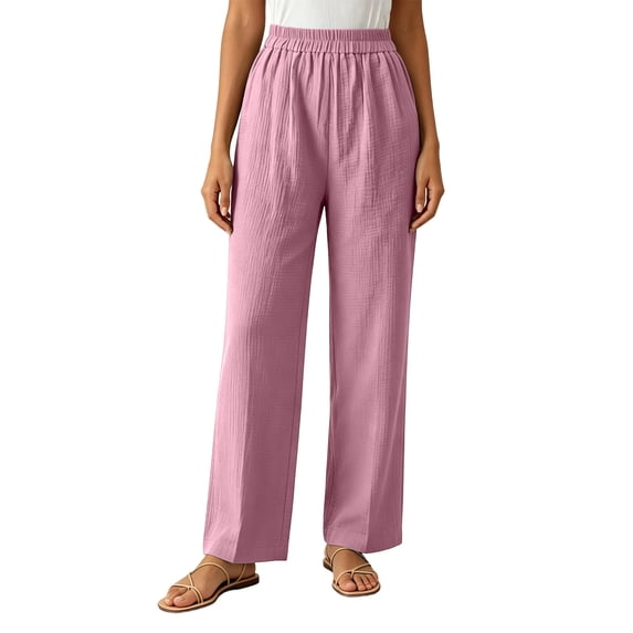 Aofany Womens Pull on Pants Elastic Waist Solid Color Slacks Casual Straight-Leg Trouser with Pockets