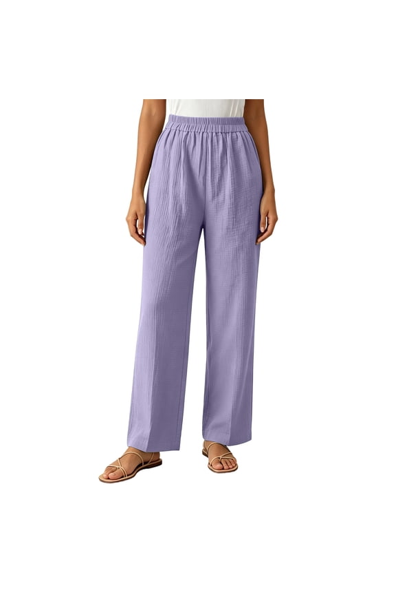 Womens Pull on Pants Elastic Waist Solid Color Slacks Casual Straight-Leg Trouser with Pockets