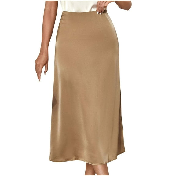 Aofany Womens Satin Midi Skirts Casual Silk High Waisted Long Skirts Elegant Stretchy A Line Flowy Cocktail Party Wedding Pencils Skirts
