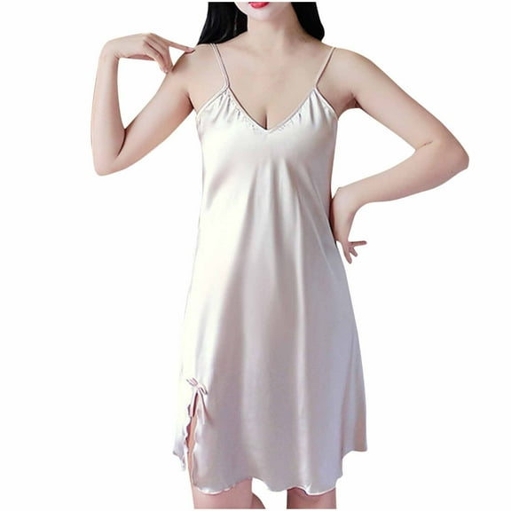 Aofany Womens Silk Satin Nightgown V Neck Spaghetti Strap Slip Short Dress Sleepwear Nightshirt Pjs Plus Size