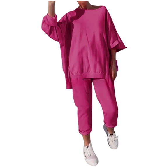 Aofany Womens Solid Sweatshirt 2PC Set Sweatsuits 2 Piece Outfits Crew Neck Sweatshirt Sweatpant Tracksuit Fall Irregular Hem Pullover Lounge Sets