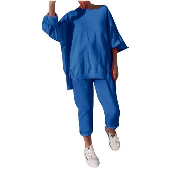 Aofany Womens Solid Sweatshirt 2PC Set Sweatsuits 2 Piece Outfits Crew Neck Sweatshirt Sweatpant Tracksuit Fall Irregular Hem Pullover Lounge Sets