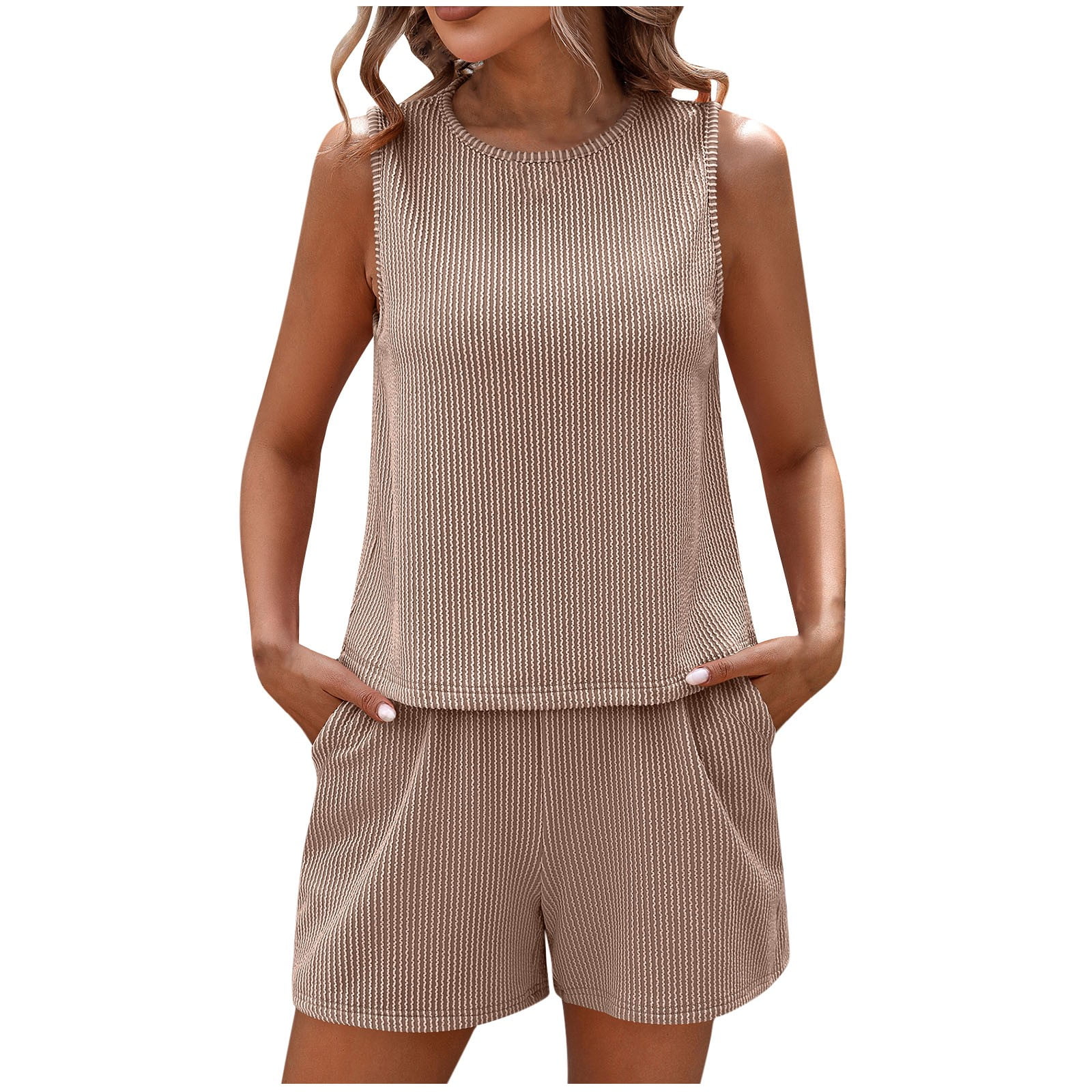 Coolane Women's Summer Casual Sport Knit Two Fake Pieces Tank Tops & Sweatpants