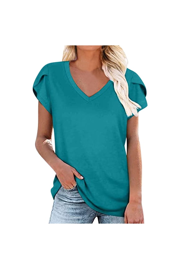 Womens Summer Tops Cute Petal Sleeve Loose T-Shirts for Women Trendy Solid Color Womens Dressy Blouses Short Sleeve V Neck Tunic Plus Size Shirts for Women