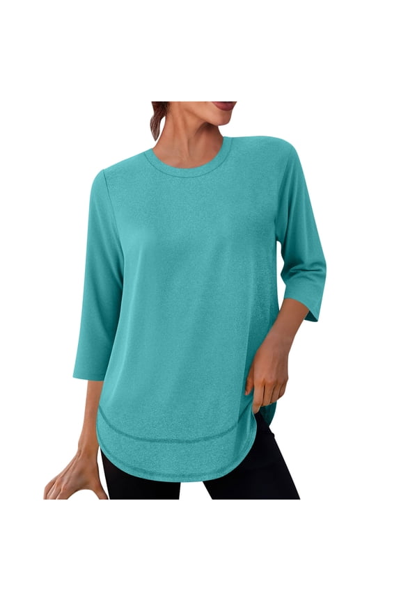 Womens Summer Workout Tops 3/4 Sleeve Crewneck Shirts Ladies Pullover Long Sleeve Athletic Three Quarter Shirts UV Sun Protection UPF 50+ Quickly Dry Running Round Neck Moisture Wicking Tops