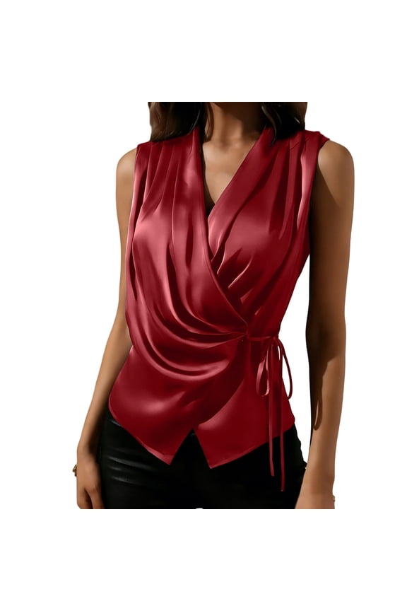 Womens Tank Tops Summer Wrap V Neck Sleeveless Blouse Trendy Pleated Tanks Vest Elegant Tunic Tee Shirt Dressy Tops for Women