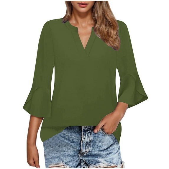 Aofany Womens Tops Dressy Blouses V Neck 3/4 Flare Sleeve Tunic Tops Casual Work Shirts