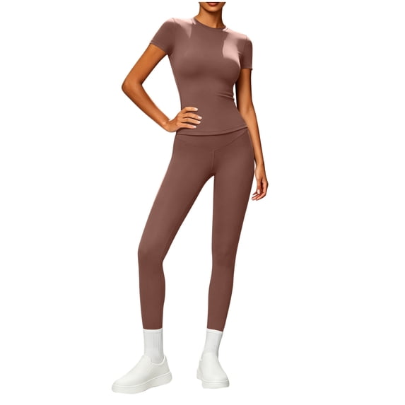 Aofany Workout Sets for Women 2 Piece Tracksuit Set Athletic Yoga Outfits Stretchy Yoga Workout Set Comfortable Gym Leggings And Short Sleeve Top Set