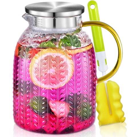 Aofmee 1.8L Water Pitcher, 60oz Chic Glass Carafe with Lid and Handle - Iced Tea Pitcher with Precise Scale Line and Brush, Clear