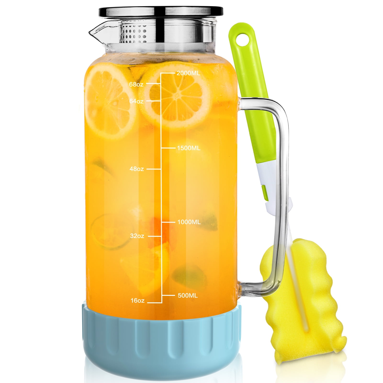 Aofmee 2L Glass Pitcher, 68oz Drink Dispenser Water Jug, Tea Carafe with Lid & Particular Coaster, Blue