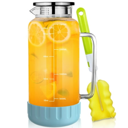 Aofmee 2L Glass Pitcher, 68oz Drink Dispenser Water Jug, Tea Carafe with Lid & Particular Coaster, Blue