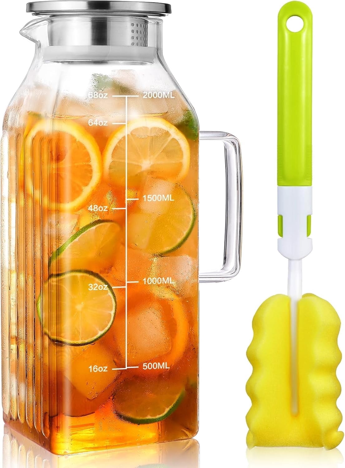 Aofmee 68oz Glass Pitcher with Lid, 2L Square Water Carafe for Refrigerator side door, Borosilicate Carafe for Water, Juice, Iced Tea