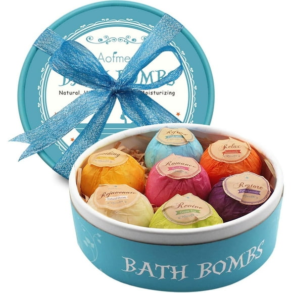 Aofmee Bath Bombs Set, 7 Natural Essential Oils Spa Bubble Bath Salts, Self Care Gifts Fizzy Suit, Perfect Birthday Valentines Day Holiday Gift for Women Men Kids
