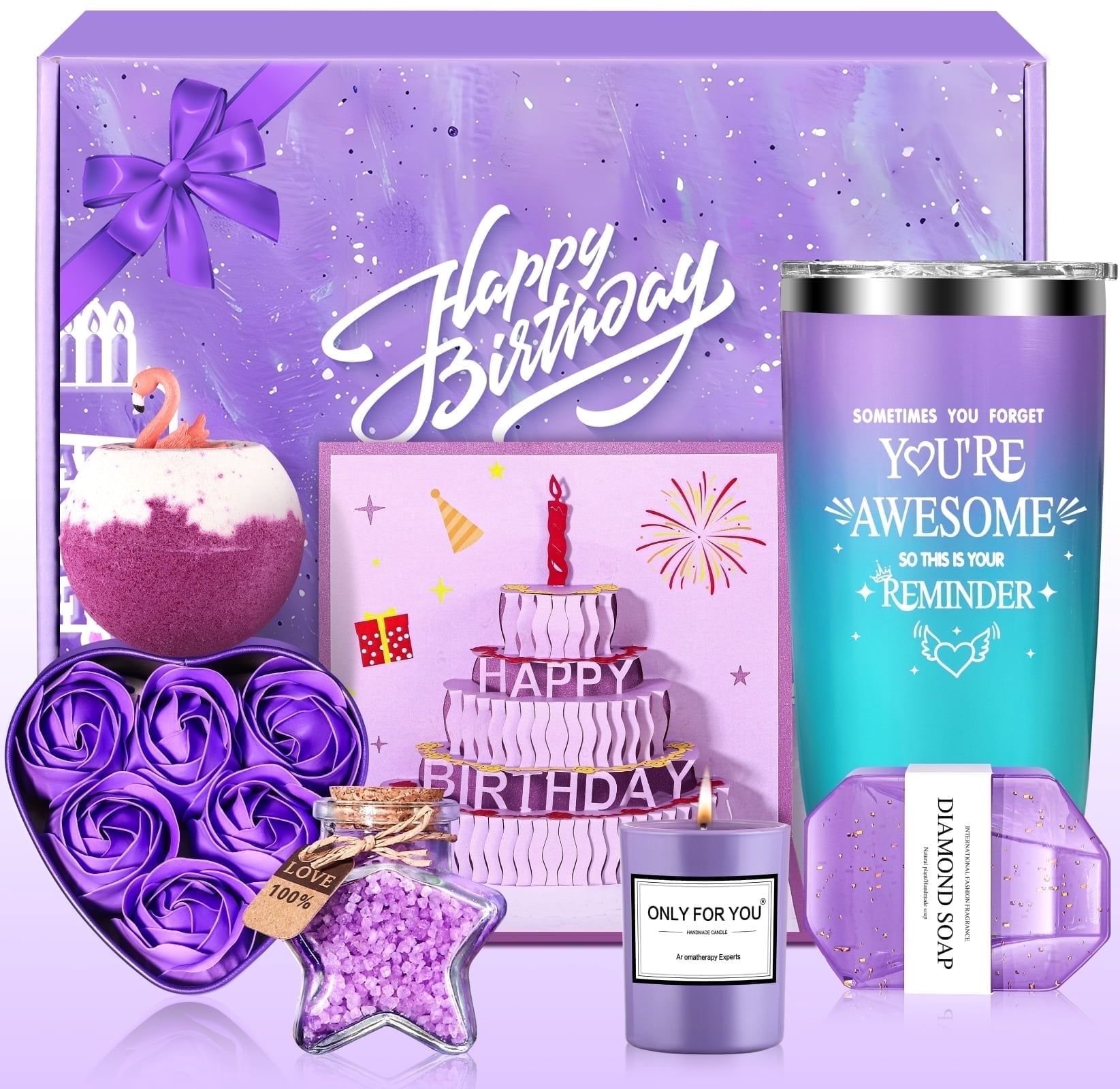 Aofmee Birthday Gifts Baskets for Women, 7 Pcs Lavender Relaxing Bath Gift Sets, Beauty Birthday Gift for Her, Purple