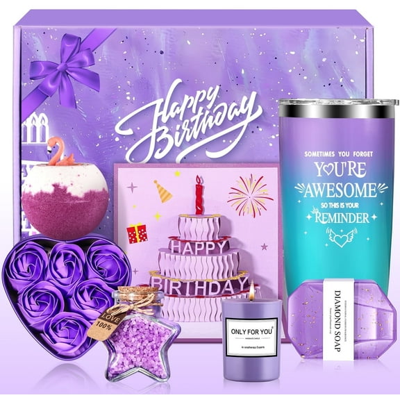 Aofmee Birthday Gifts Baskets for Women, 7 Pcs Lavender Relaxing Bath Gift Sets, Beauty Birthday Gift for Her, Purple