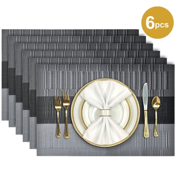 Aofmee Black Placemats, 6 Pieces Set PVC Non-Slip Washable Place Mats | Resistant Placemats 12X18 inch