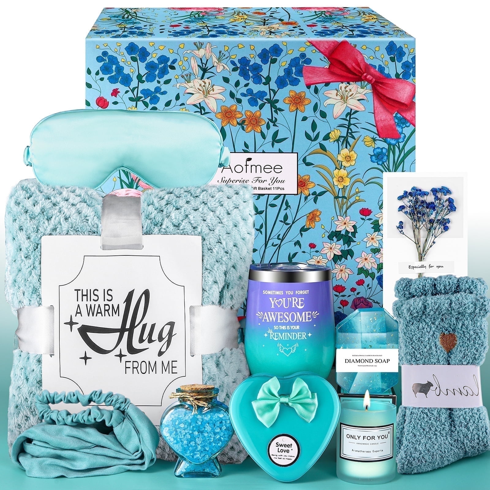 Aofmee Gift Baskets for Women, 10 Pcs Ocean Relaxing Spa Bath Gifts Sets with Flannel Blanket, Beauty Holiday Birthday Box Idea for Her, Blue