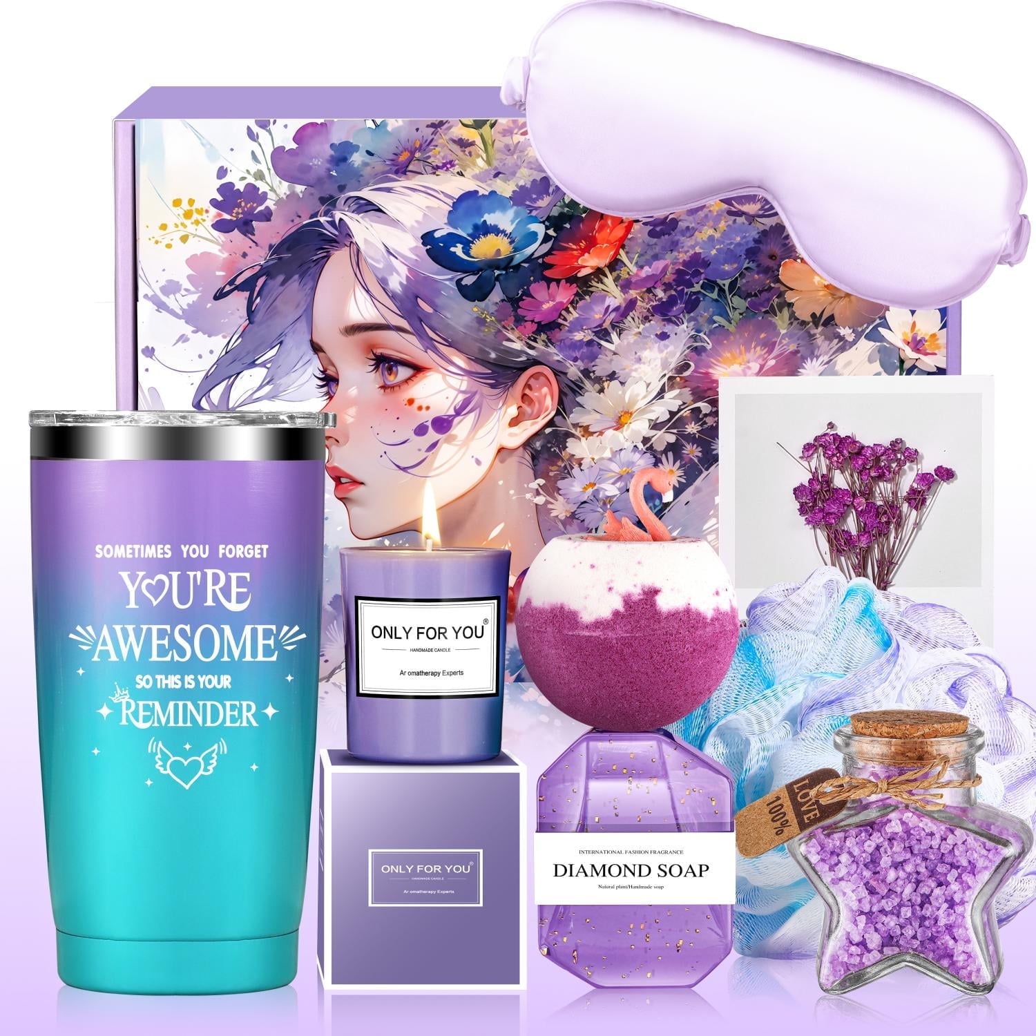 Aofmee Spa Gift Baskets for Women, 8 Pcs Lavender Scents Relaxing Bath Set with Insulated Tumbler, Body Care Holiday Birthday Gifts for Her, Purple