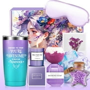 Aofmee Spa Gift Baskets for Women, 8 Pcs Lavender Scents Relaxing Bath Set with Insulated Tumbler, Body Care Holiday Birthday Gifts for Her, Purple