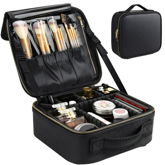 Aofmee Makeup Bag for Women, Travel Bag Organizer Cosmetic Case with Adjustable Dividers Waterproof Shockproof Handbag, Black