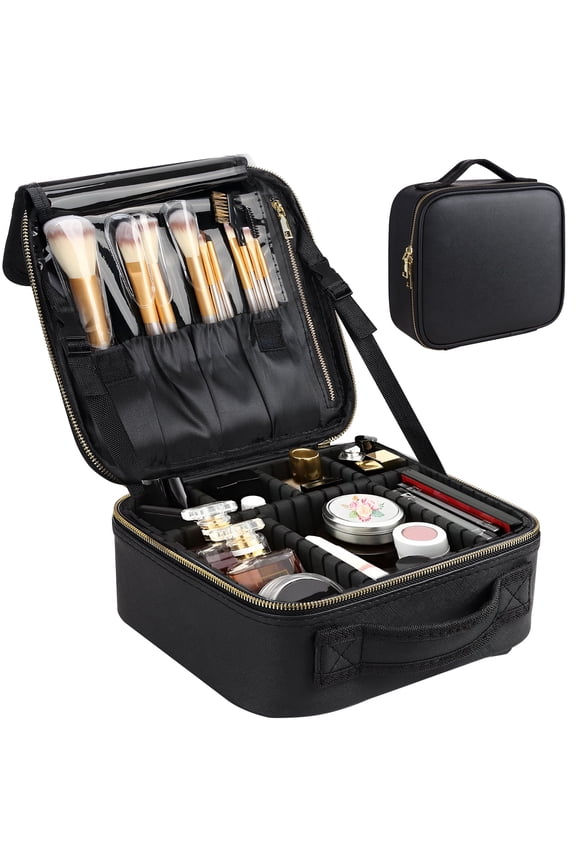 Makeup Bag for Women, Travel Bag Organizer Cosmetic Case with Adjustable Dividers Waterproof Shockproof Handbag, Black