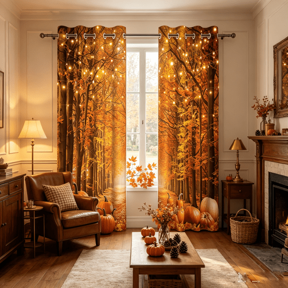 Aofoto Autumn Harvest Curtains, Thanksgiving Pumpkin Forest Falling Leaves Decor Window Treatments, 2 Panels ,42 x 84 Inch