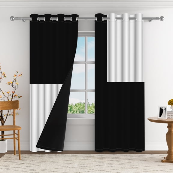 Aofoto Black White Blackout Curtains for Bedroom 96 inch Length, 2 Panels Set Insulated Room Darkening Window Drapes for Living Room, 52"W x 96"L