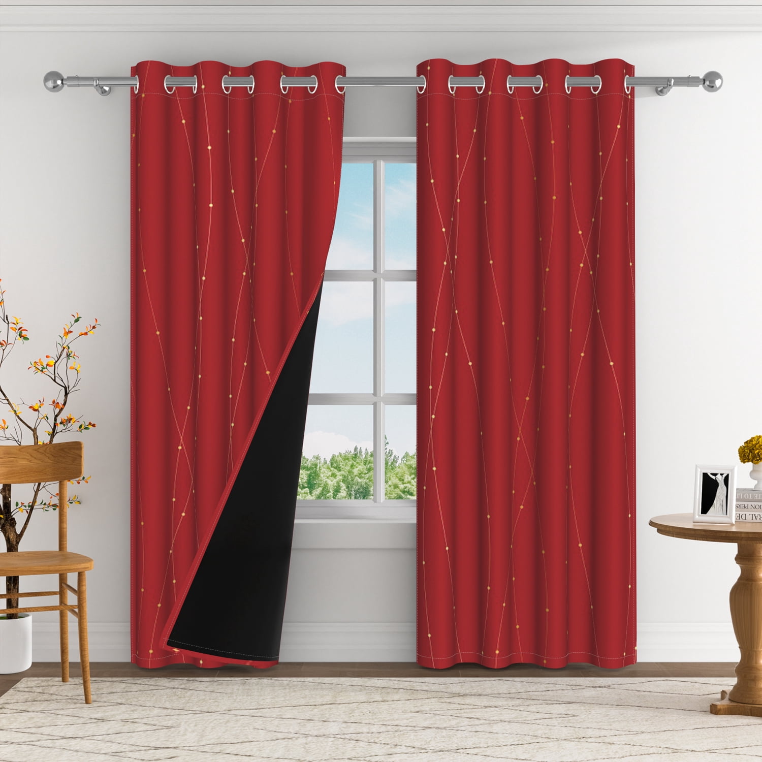 Aofoto Blackout Curtains - Gold Wave Line Print, Thermal Insulated, Noise Reducing, Privacy Drapes for Bedroom & Living Room (52 x 63 Inch, Red, 2 Panels)