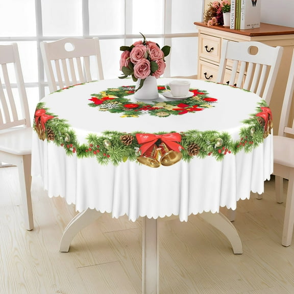 Aofoto Christmas Round Tablecloth 60 Inch, Wrinkle Resistant Table Cloth Xmas Decor Table Cover for Winter Holiday Home Kitchen Picnic Party