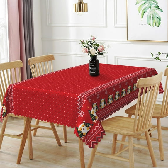 Aofoto Christmas Tablecloth 52x70 Inch Rectangular, Christmas Trees Red Washable Table Cover for Party Picnic Dinner Decor