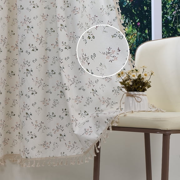 Aofoto Floral Linen Blend Curtains for Living Room, Light Filtering Semi Sheer Kitchen Rod Pocket Curtains 2 Panels, 52"x63"